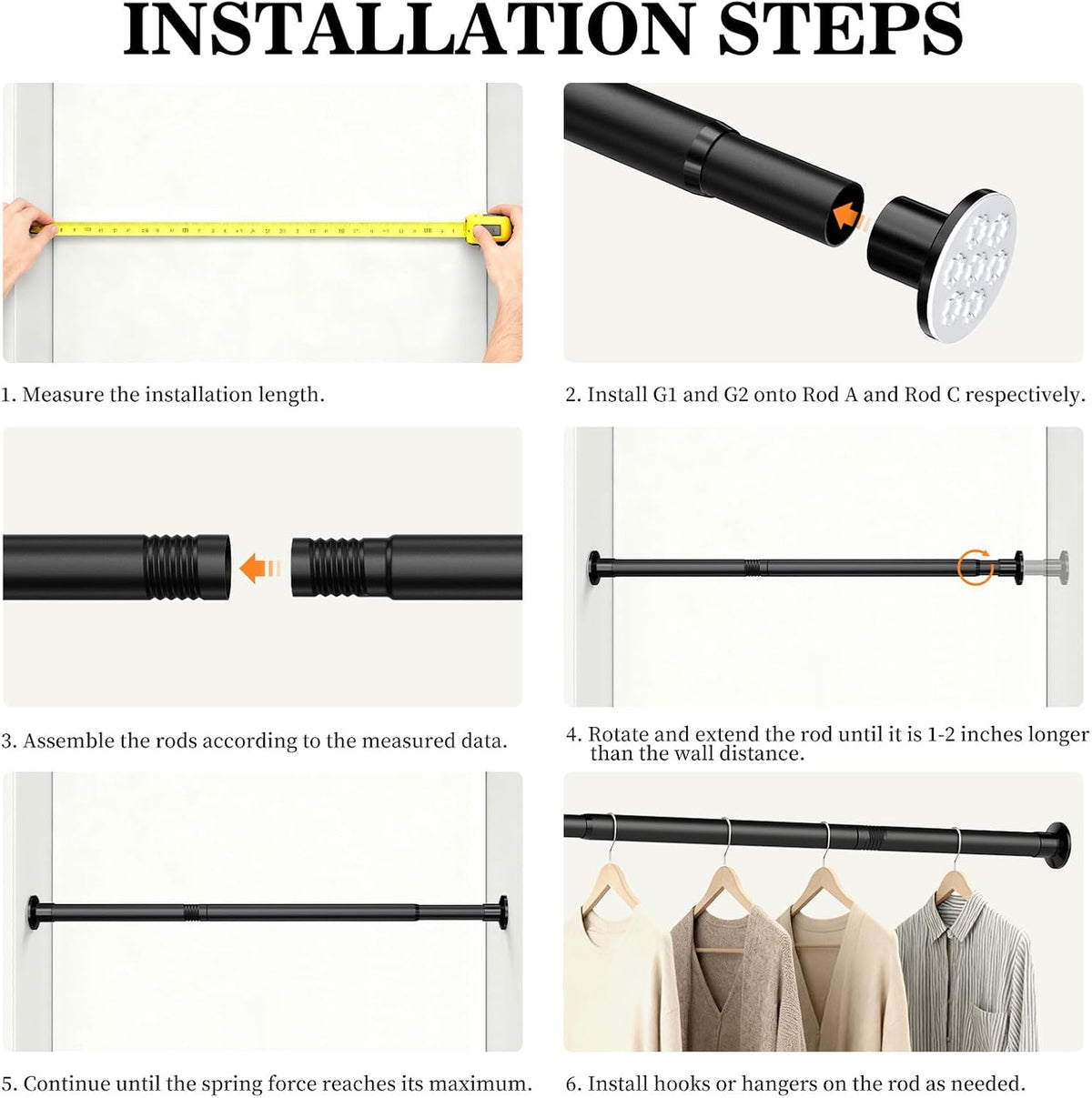 No Drilling Closet Rod, Adjustable Black Closet Rod, 28-98 Inches Closet Tension Rods for Hanging Clothes for Wardrobes, Closet, Laundry & Bathroom