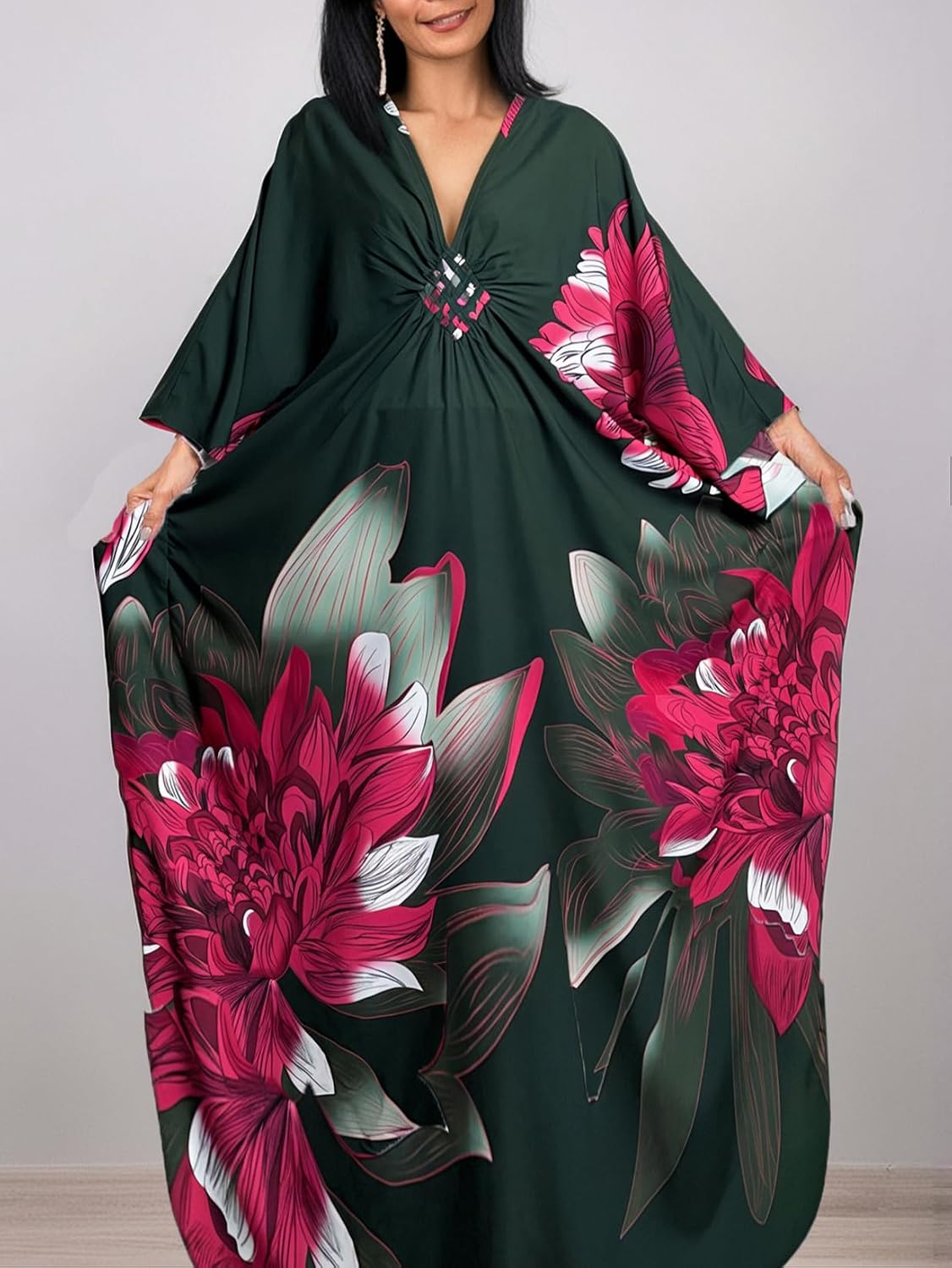 LOUSEA Kaftan Dress for Women Large Flower Print Cover Up Dresses Vneck One-piece Bathingsuit Cover Ups