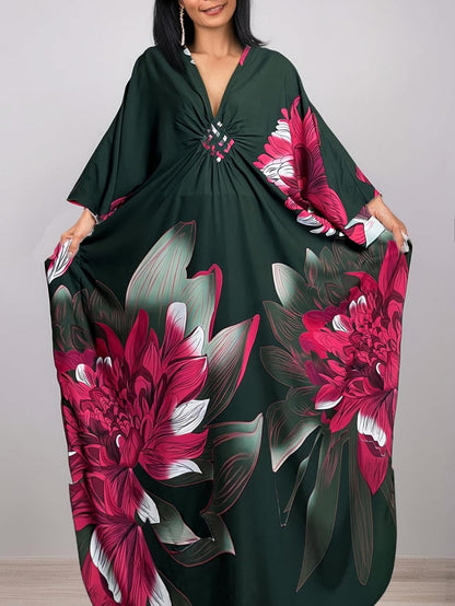 LOUSEA Kaftan Dress for Women Large Flower Print Cover Up Dresses Vneck One-piece Bathingsuit Cover Ups