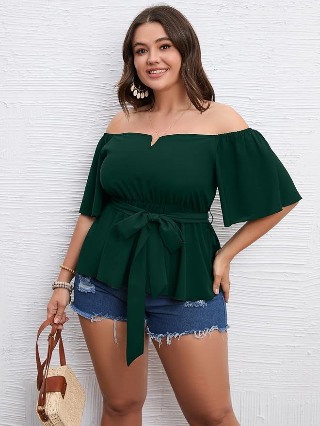SCOMCHIC Women's Plus Size Off The Shoulder Peplum Blouse Top Half Bell Sleeve Tie Waist Ruffle Hem Babydoll Tops