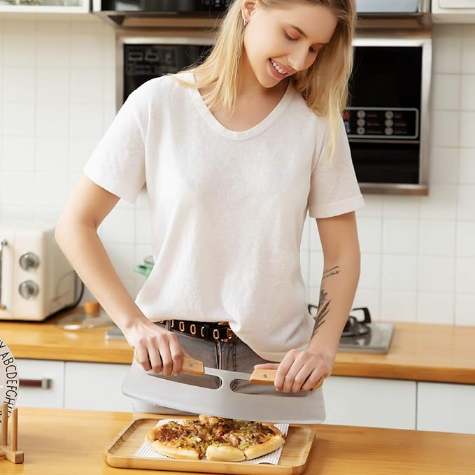 Pizza Cutter Rocker with Wooden Handles  Protective Cover, 14" Sharp Stainless Steel Pizza Slicer Wheel, Big Pizza Knife Cutters for Kitchen Tool (14inch)