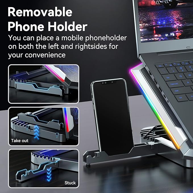 ICE COOREL Gaming Laptop Cooling Pad with 8 Cooling Fans, Laptop Fan Cooler Pad for 15-17.3 Inch, Notebook Cooler Stand with 6 Height Adjustable, RGB Cooling Pad with Two USB Port + Phone Stand