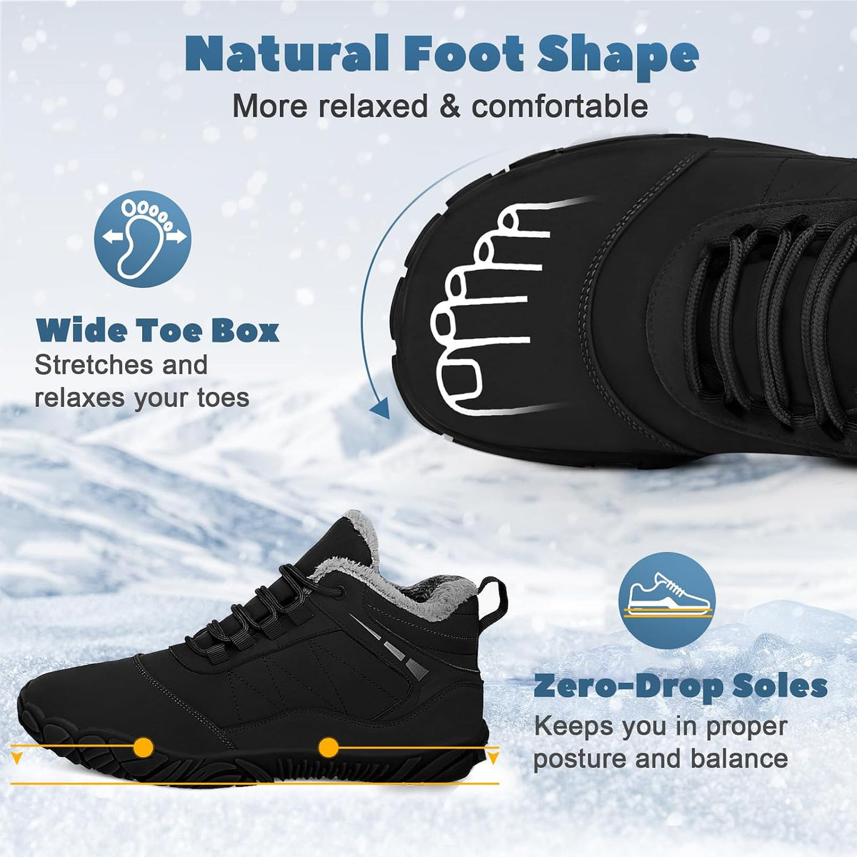 Hike Winter Footwear Barefoot Boots Mens Womens, Waterproof Winter Snow Boots, Warm Ankle Booties, Wide Toe Barefoot Hiking Boots, Non-Slip Zero Drop Sole Hike Shoes for Hiking Walking Outdoor