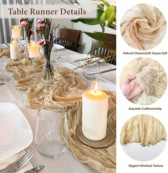 1 Pack Cheesecloth Table Runner, 10FT 35x120 inch Nude Table Cloth, Boho Rustic Gauze Dusty for Baby Shower Decorations, Mothers Day, Bridal Shower, Wedding, Thanksgiving, Christmas, Birthday Decor