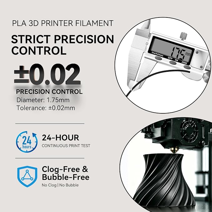 Kingroon PLA 3D Printer Filament, Dimensional Accuracy +/- 0.02 mm, 1 kg Spool(2.2lbs), 1.75 mm?Black