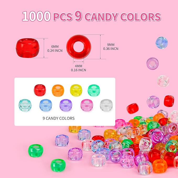 Transparent pony beads, over 1000 mixed color plastic beads, bulk glass beads, Kandi craft beads, PD-PONY-CLEAR-1000