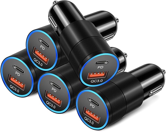 USB C Car Charger 5 Pack, 36W Dual 12V USB C & USB A Car Charger Adapter QC+PD 3.0 Fast Charging, Cigarette Lighter USB Charger, for iPhone 17 16 15 14 13 12 Pro,Samsung S26 S25 S24, Android Phone