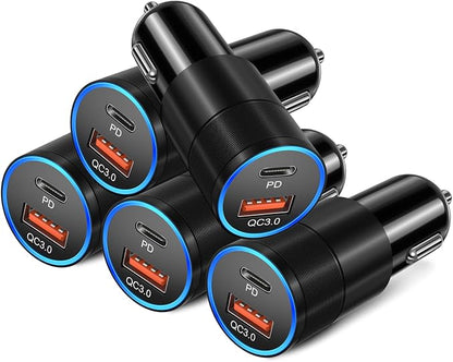 USB C Car Charger 5 Pack, 36W Dual 12V USB C & USB A Car Charger Adapter QC+PD 3.0 Fast Charging, Cigarette Lighter USB Charger, for iPhone 17 16 15 14 13 12 Pro,Samsung S26 S25 S24, Android Phone