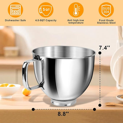 5 Quart Mixing Bowl for KitchenAid Stand Mixers, Food-Grade Stainless Steel Bowl with Handle & Clasp, Compatible with Tilt-Head 4.55 Qt Models Fits K45, K45SS, KSM75, KSM150, KSM95