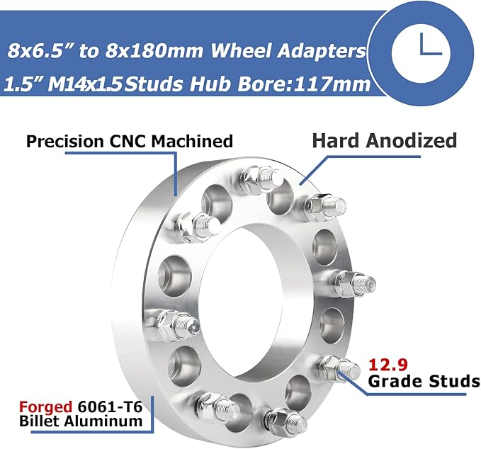 2pcs 8x6.5 to 8x180 Wheel Adapters, 1.5 Inch 8x165.1 to 8x180 Wheel Adapters 117mm Center core for 1999-2010 Silverado Sierra 2500 3500 HD with M14x1.5 Studs, Chrome