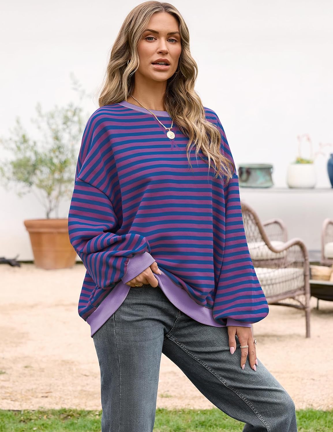 UEU Women Oversized Striped Crewneck Sweatshirt Long Sleeve Color Block Pullover Tops Casual Loose Workout Shirt