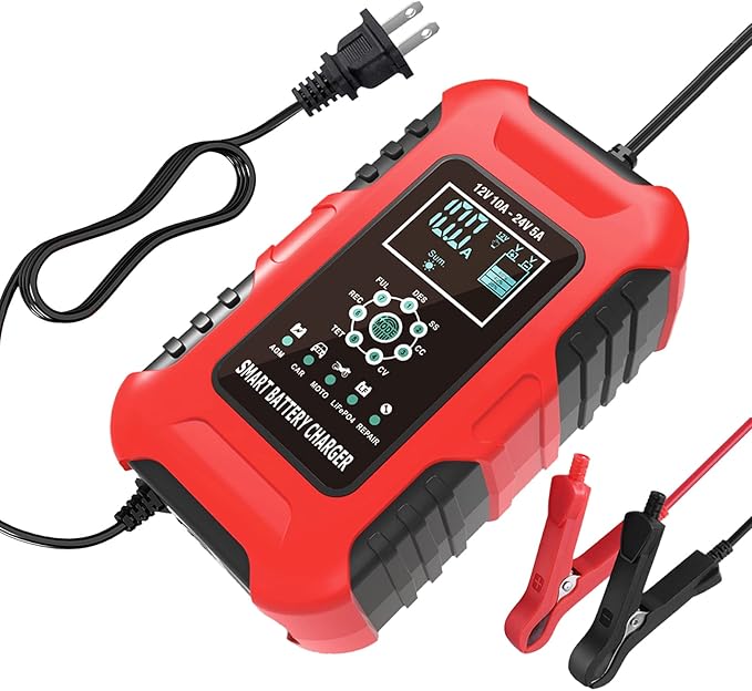 Battery Trickle Charger 12V  24V,10-Amp Multifunctional Battery Charger WetGELSLALiFePO4Lead-AcidAGM Batteries,7-Stage Quick Charger Truck Motorcycle Car ATV Lawn mower RV Tractor, Red