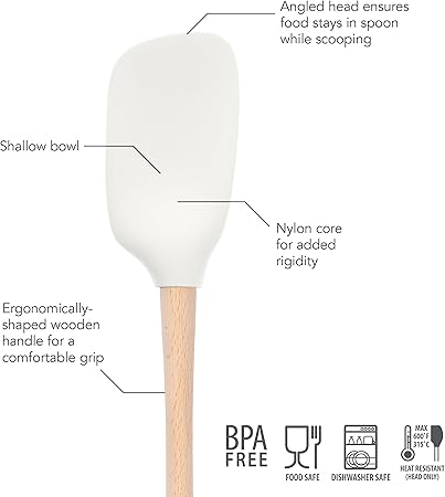 Tovolo Flex-Core White Wood-Handled Spoonula, Silicone Spoon Spatula Head With Ergonomic Grip  Wooden Handle, Silicone Spatula Spoon for Cooking  Cake Decorating BPA-Free
