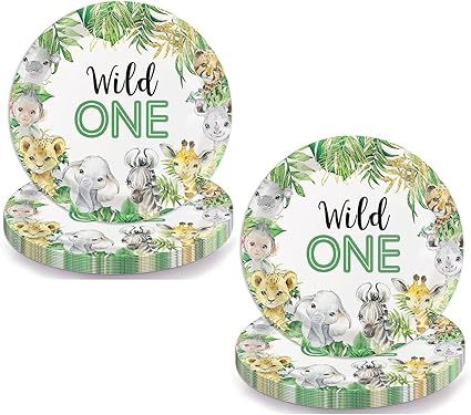 Jungle Safari Baby Shower Decorations Tableware, 24 pcs Animals 7 inch Paper Plates, Wild One Happy Birthday Party Supplies for Boys Girls
