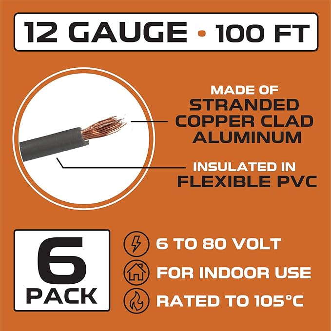 Iron Forge Cable 12 Gauge Primary Automotive Wire - 6 Roll Bulk Assortment Pack - 12 AWG Auto Cable - 100 Ft Copper Clad Aluminum Wire per Roll