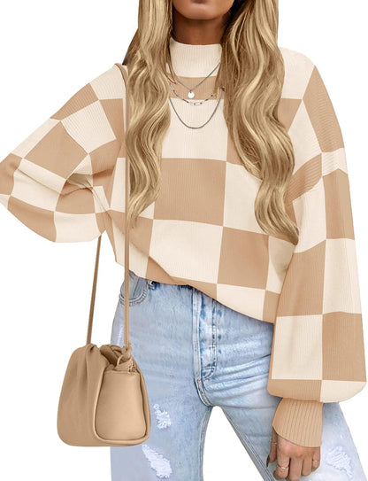 Soft, ribbed knit sweater with chic turtleneck, striped or plaid pattern, and loose, flattering fit for layering. It's a popular product!