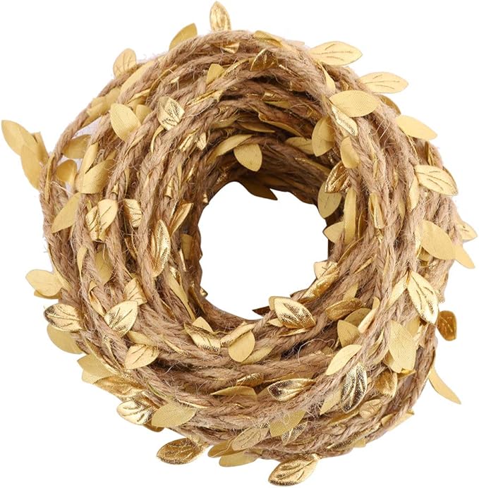 10m DIY Artificial Leaf Wine for Wedding Ceremony, Hemp Material, Gold Color, 32.8 DIY Feet for Garlands, Wall Gardens and Wedding Dresses (Gold)