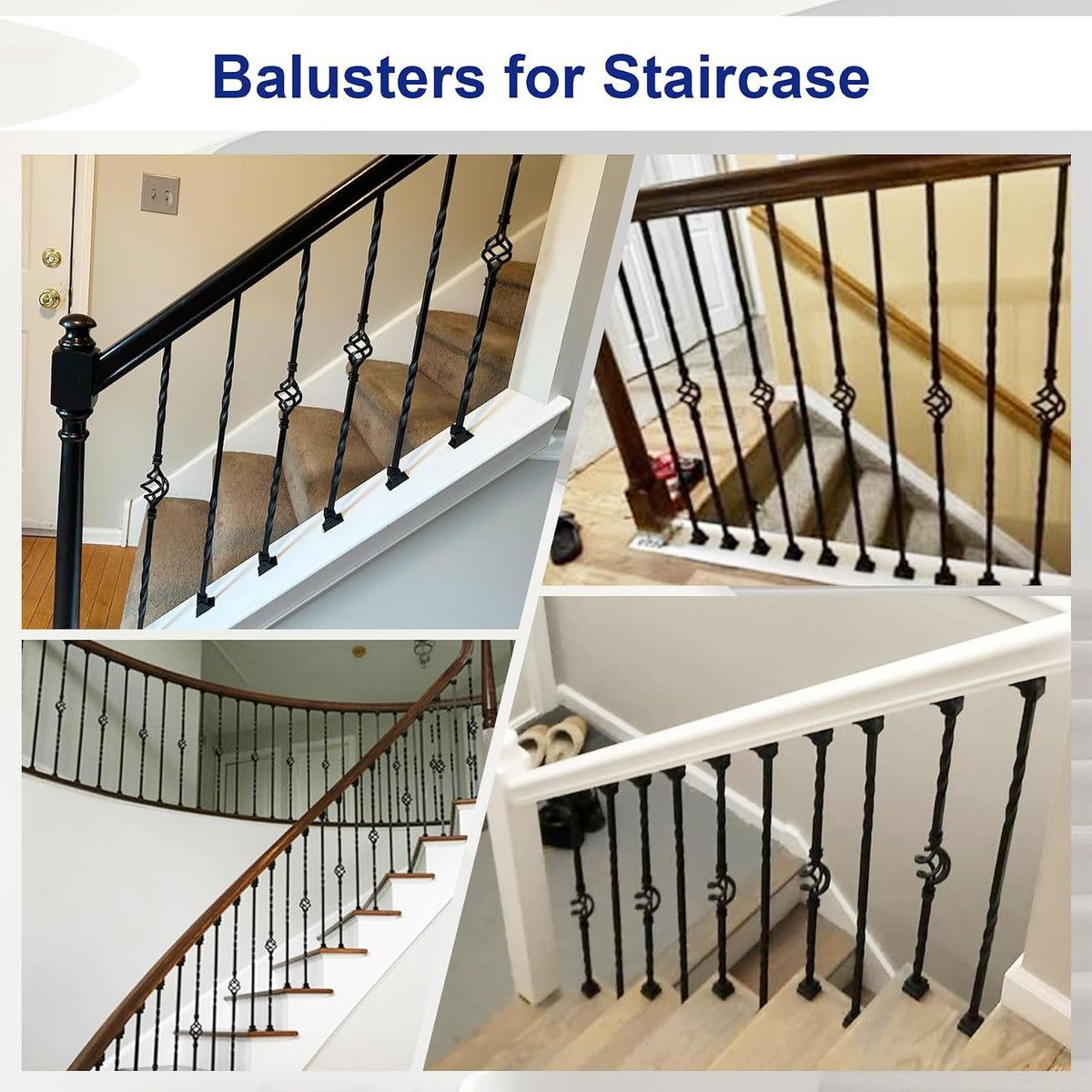 16 Pack Wrought Iron Stair Balusters – 44" Hollow Single Basket & Double Twist Design, 1/2" Square Black Metal Spindles with 32 Swivel Shoes for Indoor/Outdoor Staircase Remodel