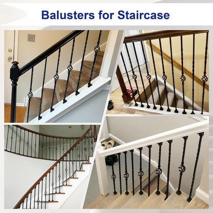 16 Pack Wrought Iron Stair Balusters – 44" Hollow Single Basket & Double Twist Design, 1/2" Square Black Metal Spindles with 32 Swivel Shoes for Indoor/Outdoor Staircase Remodel