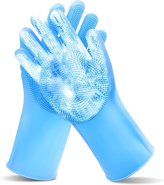 Pet Grooming GlovesHeat Resistant Dog Washing Gloves with High-Density Teeth, Dog Bath Scrubber with Enhanced Five Finger Design, Silicone Gloves for Dogs and Cats Bathing, Massage (Blue)