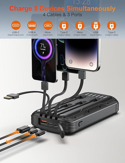 Solar-Power-Bank-Charger, 40000mAh Portable Phone Charger Built in 4 Cables with USB C inOutput, PD 20W Fast Charging External Batter, External Battery Pack with Dual Bright Flashlights