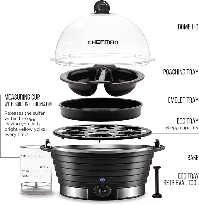 Chefman Egg-Maker Rapid Poacher, Food  Vegetable Steamer, Quickly Makes Up to 6, Hard, Medium or Soft Boiled, PoachingOmelet Tray Included, Ready Signal, BPA-Free, BLACK