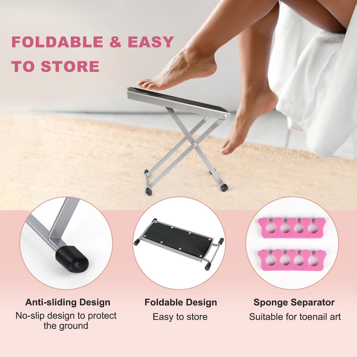Pedicure Foot Rest, Adjustable Foot Stand with Non-Slip, Toe Separator - Easy at Home, No More Bending or Stretching, Beauty Pedicure Kit (Black)