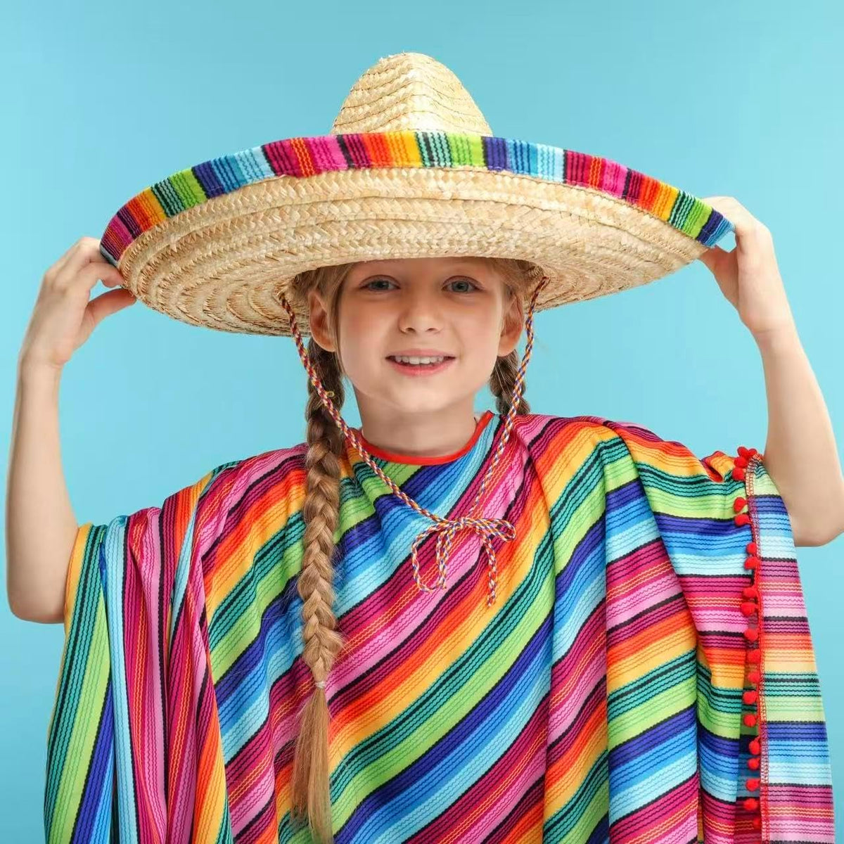 Straw Sombrero Hat 19" Wide, Adult Unisex Mexican-Style Fiesta Hat with Serape Band & Adjustable Chin Strap for Cinco de Mayo, Halloween & Party Costumes