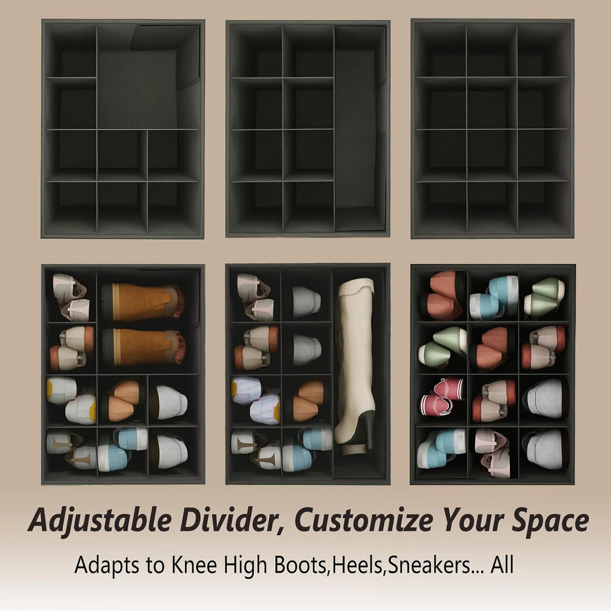 Adjustable Dividers Storage Ottoman Shoe Organizer Box for Closet,2 Pack Customizable Compartments, Versatile Storage Box for Shoes Clothes Toy Bedding, Foldable Foot Stool, Small Bench, Cabinet