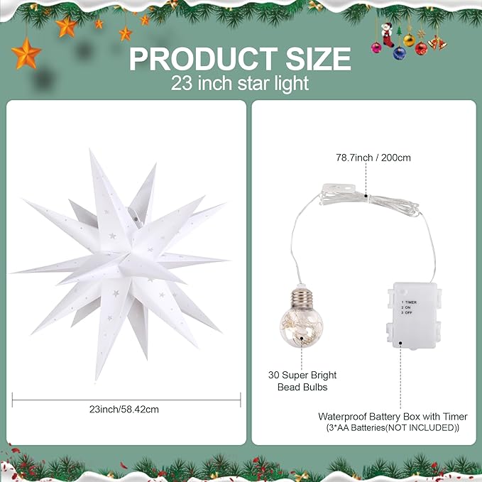 23" Moravian Star Outdoor Light, Waterproof 3D Christmas Tree Topper Lamp with Timer Function, White Led Hanging Star Lantern for Holiday Porch Room Party Decoration