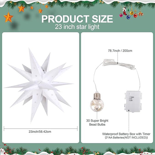 23" Moravian Star Outdoor Light, Waterproof 3D Christmas Tree Topper Lamp with Timer Function, White Led Hanging Star Lantern for Holiday Porch Room Party Decoration