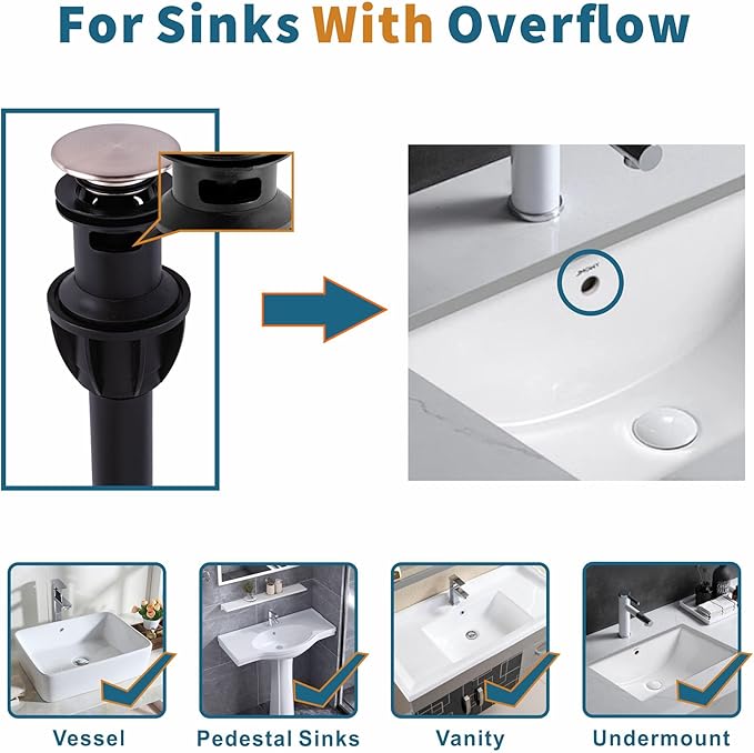 Pop Up Drain for Bathroom Vanity Vessel Sink, Bathroom Sink Drain Stopper with Overflow, Anti-Clog Universal Sink Stopper Rapid Draining, Brushed Nickel