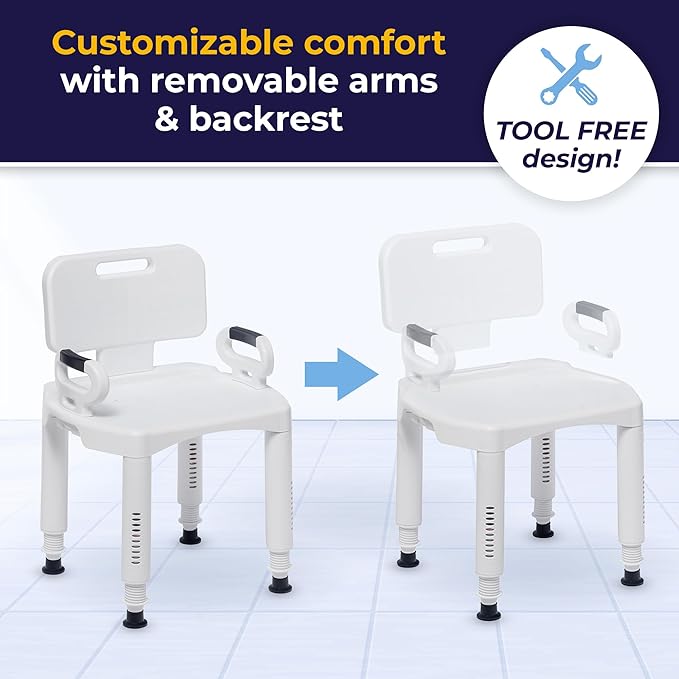 Drive Medical RTL12505 Handicap Bathroom Bench with Back and Arms, White