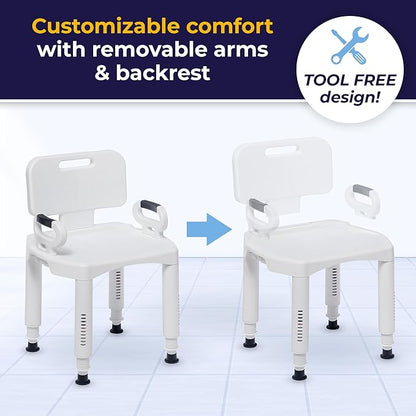 Drive Medical RTL12505 Handicap Bathroom Bench with Back and Arms, White