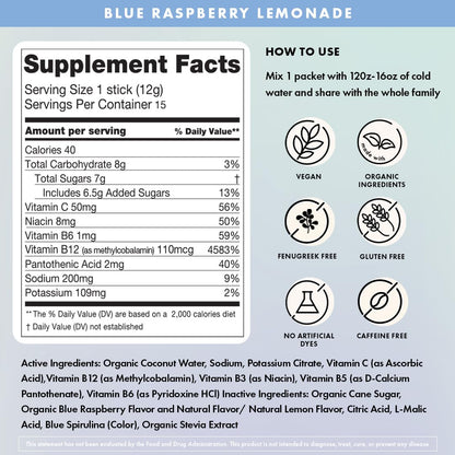 Boobie Hydromom Superfood Electrolyte Drink Mix, Blue Raspberry Lemonade | Refreshing Energy & Hydration Boost for Mamas | On-The-Go & Travel Essentials for Pregnancy, Lactation, & Beyond, 15 Packets