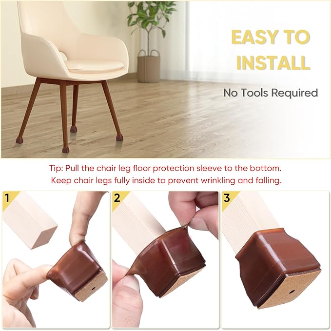 BALEINE 16 Pack Silicone Chair Leg Floor Protectors, Stool Leg Protectors Cap, Non-Slip Chair Leg Caps for Hardwood Floors (Brown  Large (Square), 16 Pack)