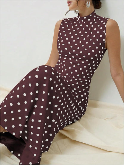 Milumia Women's Polka Dots Maxi Tank Dress Vintage Mock Neck Sleeveless Elegant Long Dresses.