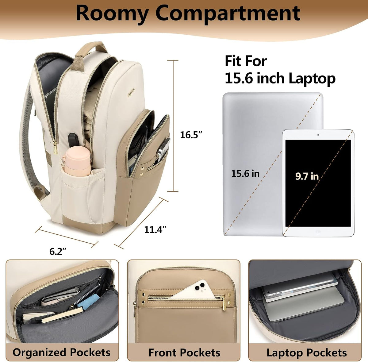 bagswan laptop backpack for Women - 15.6 inch Work Bags Travel Backpack with USB Charger College Bookbag Waterproof Business Computer Backpack Anti-theft Casual Backpacks for Nurse Teacher khaki