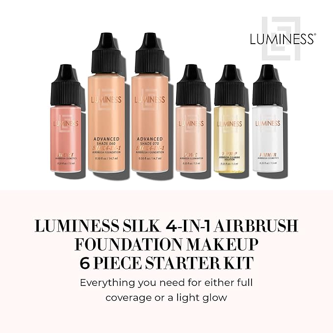 Luminess Silk 4-in-1 Airbrush Foundation Makeup Starter Kit - Warm Coverage, 6-piece - Includes 2x Silk Airbrush Foundation, Blush, Glow Highlighter, Moisturizer Primer  Airbrush Cleaning Solution