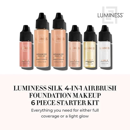 Luminess Silk 4-in-1 Airbrush Foundation Makeup Starter Kit - Warm Coverage, 6-piece - Includes 2x Silk Airbrush Foundation, Blush, Glow Highlighter, Moisturizer Primer  Airbrush Cleaning Solution