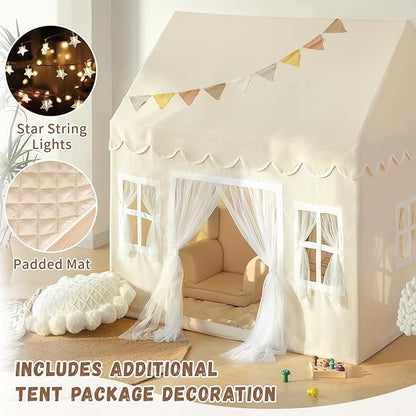 Kids Play Tent with Padded Mat, Large Play House Kids Tents for Girls and Boys, Toddler Castle Toys Bed Tents Playhouse Indoor, Neutral