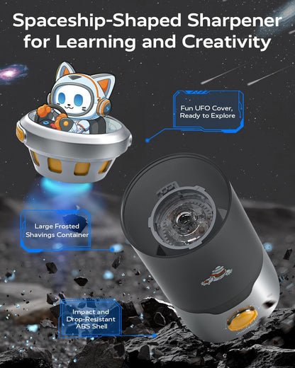 JUPITEARTH Electric Pencil Sharpener for Kids, Hands-Free, Rechargeable, Auto in & Out Spaceship Fully Automatic Pencil Sharpener Fits 6.9-11mm Colored/No.2 Pencils for Classroom Home Office