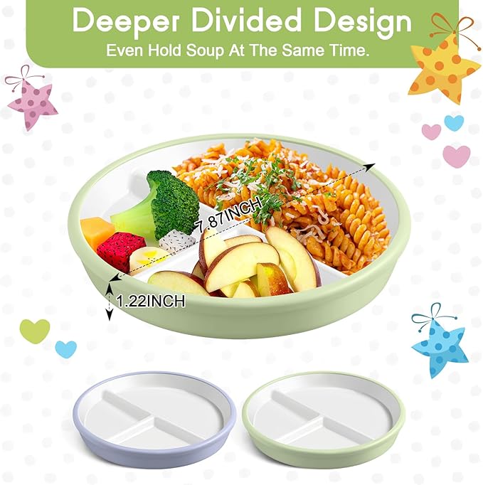 Domensi 8" Porcelain Kids Plates with Anti-slip Silicone Sleeve White Divided Porcelain Plates with Suction for Toddler Microwave Dishwasher Friendly(Blue, Green,2 Pcs)