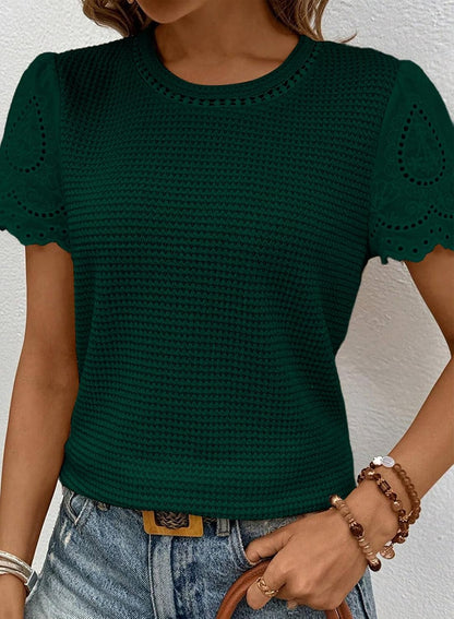 Womens Frenchy Summer Tops Crewneck Short Sleeve T Shirts Casual Waffle Knit Jacquard Blouses Top Shirts