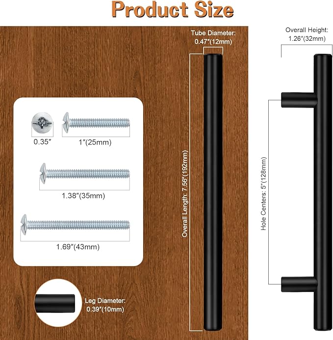 Probrico 10 Pack5 Inch Hole Centers Solid Cabinet Pulls Stainless Steel Round T Bar Cabinet Handles Black Drawer Pulls, Kitchen Cabinet Hardware for Cupboard Wardrobe Drawer Closet Nightstand