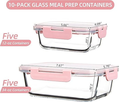 Glass Food Storage Containers,2PC Glass Meal Prep Container, Leak Proof, Glass Storage Containers with Lids, Ideal for Food Storage, Lunch, On-the-Go, Leftover - Pink