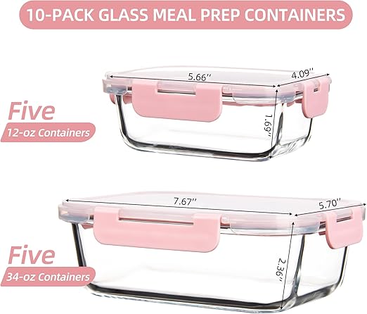 Glass Food Storage Containers,2PC Glass Meal Prep Container, Leak Proof, Glass Storage Containers with Lids, Ideal for Food Storage, Lunch, On-the-Go, Leftover - Pink