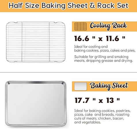 E-far Cookie Sheet with Rack Set, Half Sheet Baking Pan for Oven Cooking, 18x13 Stainless Steel Rimmed Tray with Wire Cooling Rack for Roasting Broiling Bacon Meat Steak - Dishwasher Safe