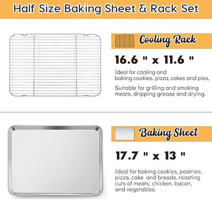 E-far Cookie Sheet with Rack Set, Half Sheet Baking Pan for Oven Cooking, 18x13 Stainless Steel Rimmed Tray with Wire Cooling Rack for Roasting Broiling Bacon Meat Steak - Dishwasher Safe