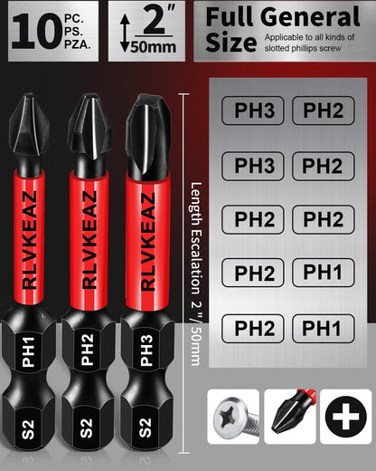 10-Pack Phillips Bits #1#2#3 Impact Magnetic, 2 Inch Phillips Head Drill & Screwdriver Bits Set, Premium S2 Steel, 1/4" Hex-Shank, (PH1/PH2/PH3) for Power Drill, Professional & DIY